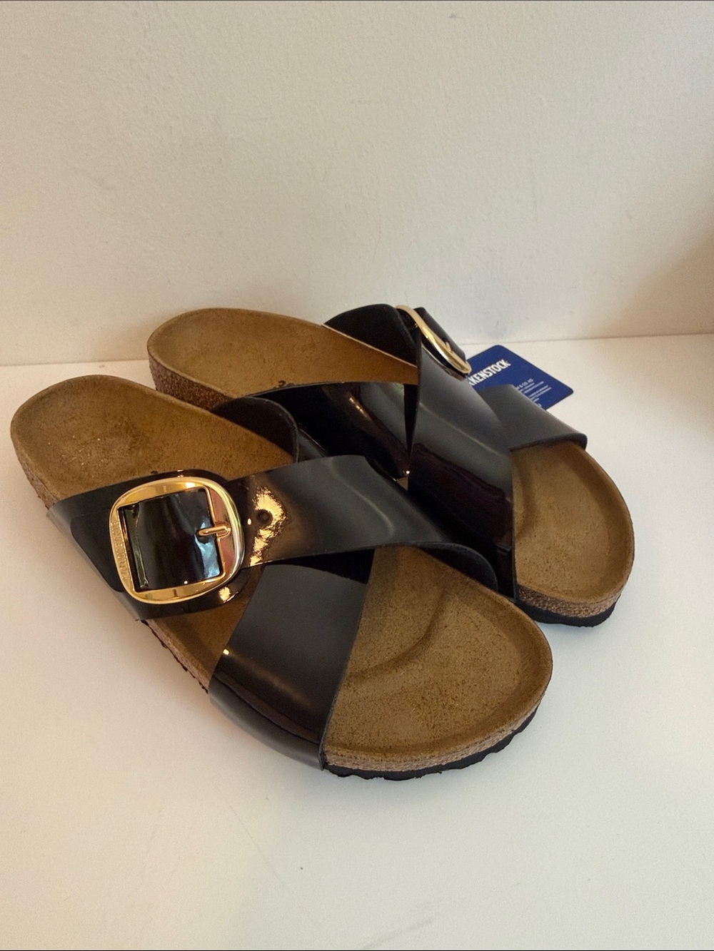 Birkenstock Siena Big Buckle Black Patent Slide Sandals with Gold Buckles